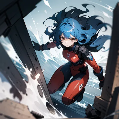 1female, Blue Hair, Red Combat Suit, Wavy Hair, Black Gloves, Combat Boots, Brown Eyes, Serious Expression, Slim, Wave Controller, Adult Female, Ruins, Searching among Debris