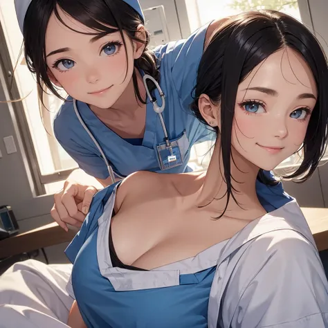 nursing aide,one girl,solo,blue or white scrubs,not wearing a hat or cap, frame it up to the top of the head, The top of my head doesnt come out of the frame,Facing forward,smile