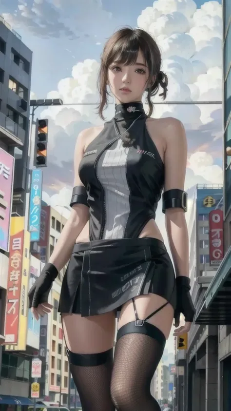 hyper realistic, masterpiece, very detailed, sci-fi, dystopian, (beautiful eyes ), (bangs), brunette, Woman,  detailed face, detailed skin, baggy clothes, thigh high socks, skirt,  cyberpunk, soft light, subsurface scattering,((skyline)), cumulonimbus clou...