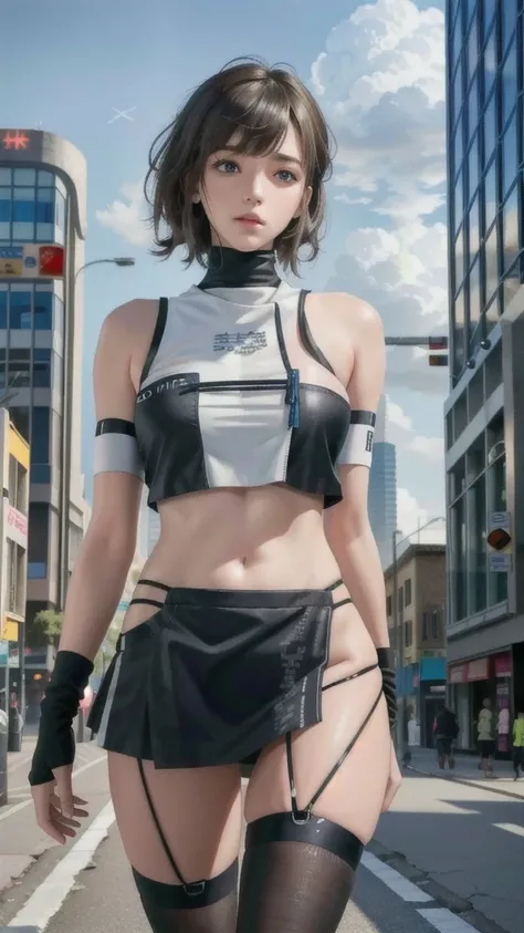 hyper realistic, masterpiece, very detailed, sci-fi, dystopian, (beautiful eyes ), (bangs), brunette, Woman,  detailed face, detailed skin, baggy clothes, thigh high socks, skirt,  cyberpunk, soft light, subsurface scattering,((skyline)), cumulonimbus clou...