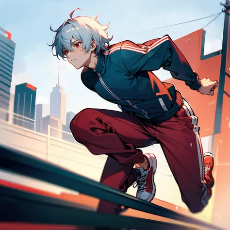 1male, White Hair, Blue Tracksuit, Shaggy Hair, Red Sneakers, Athletic Wear, Red Eyes, Calm Expression, Muscular, Perfect Generation, Adult Male, City, Running on a Track