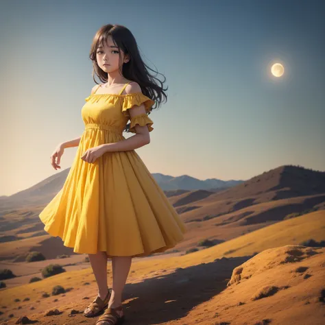 1 A young woman stands on a hill in a yellow dress and the moon shines behind her