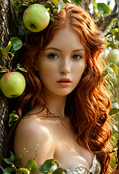 ultra realistic, photography, long red hair, girl, 24 years old, hourglass figure, perfect body, Flirty look, natural breasts, blur background, in paradise, nude but covered with leaves, holding an apple in her hand, near an apple tree, a snake comes out o...