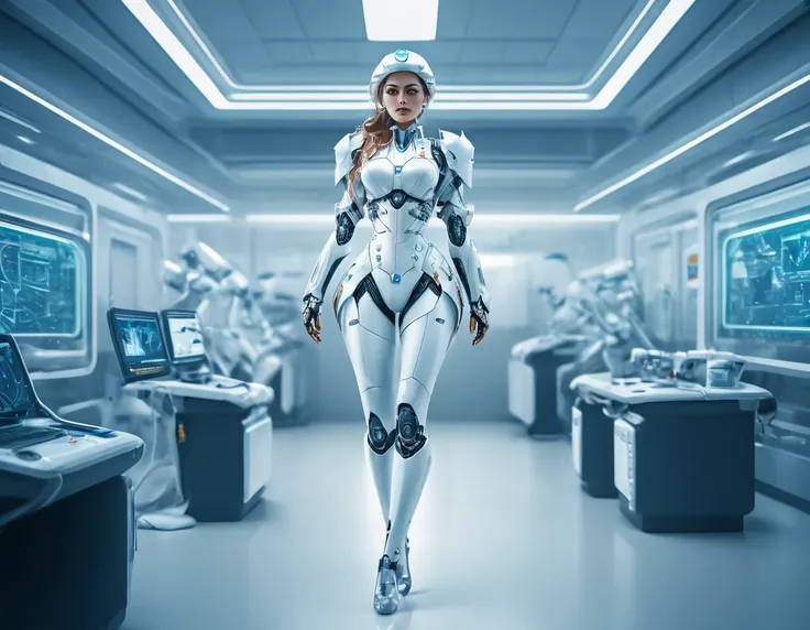 a picture of mech nurse in a futuristic hospital, exquisite beautiful nurse,  dynamic hair style, ((full body shot: 1.5)), ((anatomically correct: 1.5)), (ultra detailed face: 1.2), best detailed face, wearing white nurse robes, white pants, white high hee...