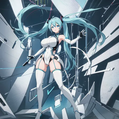 Alone､Hatsune Miku､Vocaloid, Twin tails, Bright Blue Eyes,Sexy white rubber stockings､Light blue hair, Pichi Pichi body suit, cyber punk, Ultimate Physical Beauty, Curvaceous､Beautiful Eyes,Tight waist,Big Ass､ (((Big Breasts))), 8k CG, (((Highest Resoluti...