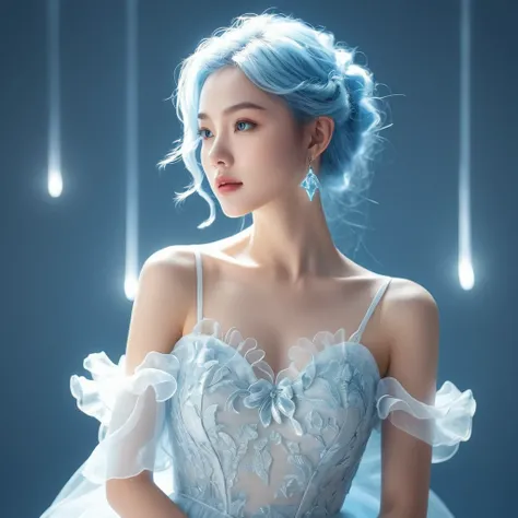 ((jewel_light element)), (Translucent luminous body_wearing a white frilly dress for bridesmaids:1.3), (girl made of lightblue light: 1.2, Long wavy blue hairstyle with delicate features and light:1.3), (minimalism: 0.5), (Frontal close-up angle above the ...