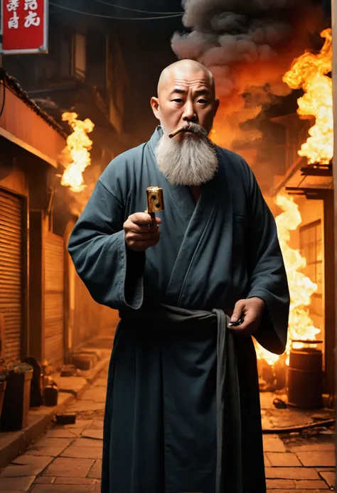 (best quality,4K,8K,high resolution,masterpiece:1.2),Very detailed,(Practical,photoPractical,photo-Practical:1.37),Japanese cartoons,Skinheads,short white beard,Middle-aged Asian man,Angry face,Wizard robes,Black eyes,Carrying an oversized cigar,A beautifu...