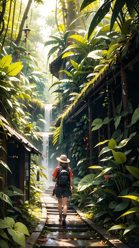 A woman trekking through a rainforest in Malaysia&#39;s Borneo island。彼女はハイキング用のショーツand速乾性のシャツを着て、Wearing sturdy boots。Dense green trees all around々and、Colorful wild birds flying around