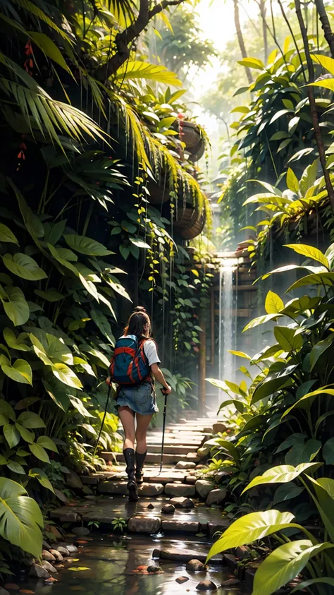 A woman trekking through a rainforest in Malaysia&#39;s Borneo island。彼女はハイキング用のショーツand速乾性のシャツを着て、Wearing sturdy boots。Dense green trees all around々and、Colorful wild birds flying around