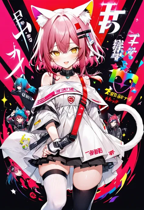 girl、Dark pink hair、（short、Rainbow gradient）、Yellow Eyes、Put the cat ear unit on your head.、Off-the-shoulder white dress（Black Line、White pleated skirt）、The letters IⅩ are inscribed on his shoulder.、Black knee-high socks、thigh、Attacks with nine protruding ...