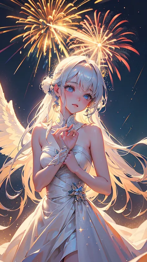 An illustration of an angel surrounded by fireworks, with each spark depicted in delicate detail. The angel should be portrayed beautifully and ethereally, with an emphasis on light and radiance. The overall scene should be vibrant and visually stunning, c...