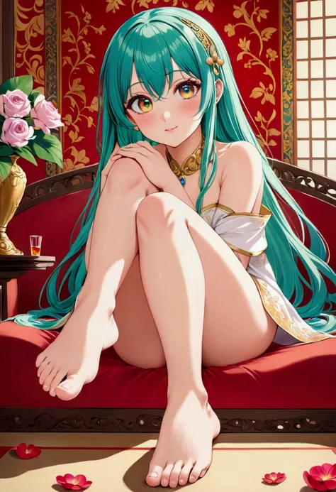 Masterpiece, score_9, score_8_up, score_7_up, detailed, beautiful, seductive, anime, foot fetish, girl, bare feet, smooth skin, cute toes, long hair, big eyes, blush, sitting, relaxed, close-up, vibrant colors, intricate details, anime style, pastel shades...