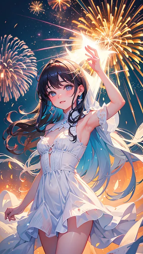 An illustration of an angel surrounded by fireworks, with each spark depicted in delicate detail. The angel should be portrayed beautifully and ethereally, with an emphasis on light and radiance. The overall scene should be vibrant and visually stunning, c...