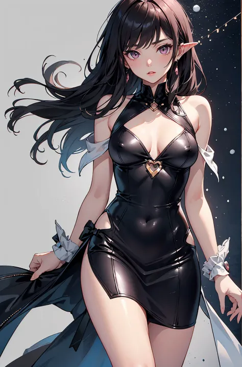 (1girl, masterpiece, Super exquisite illustrations, best quality, light particles, Super detailed, 8k wallpaper,), ((breasts type: , Small breasts, often with a proportionally small areola and nipple)), (wearing (Faux leather shift dress)), (Winter theme),...