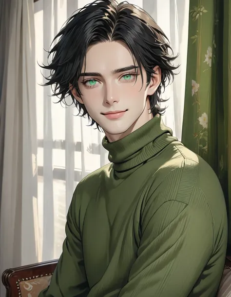 (best quality), 1boy, pale skin, black hair, medium hair, curtain hair, tousled hair, green eyes, perfect eyes, dark circles under eyes, tall, slender, handsome, strong jawline, lazy, light smile, attractive, turtleneck sweater, masterpiece, anatomically c...