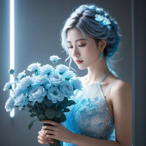 ((jewel_light element)), (Translucent luminous body_wearing a white frilly blue  silky bridesmaids dress s:1.3), (woman made of lightblue light: 1.2, Long wavy blue hairstyle with delicate features and light:1.3), (minimalism: 0.5), (Frontal close-up angle...