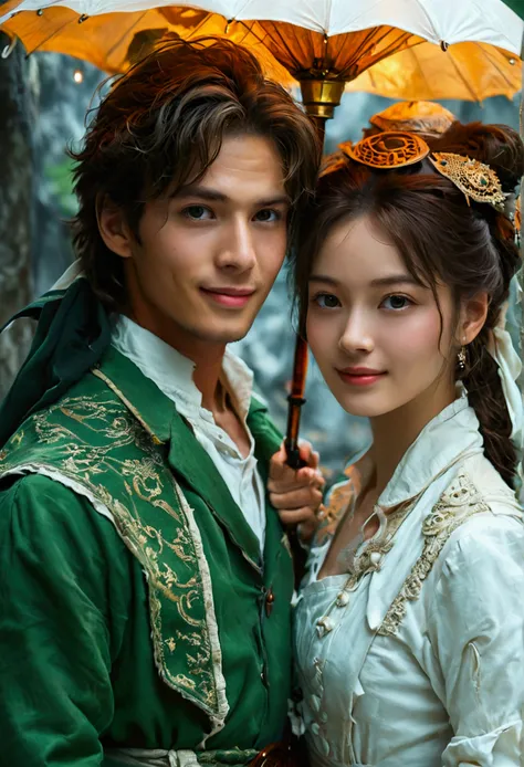 1 boy 1 girl,Handsome face, Beautiful face,Perfect male and female body,Look at the camera, Smile,(Ancient style time travel novel, Men&#39;s green coat with white bottoming shirt inside,Women&#39;s light white ancient style clothing,Holding a lantern in h...