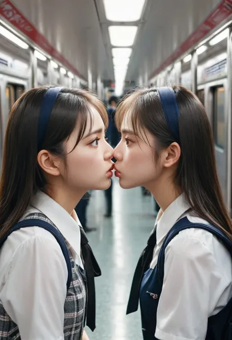 masterpiece, best quality, two schoolgirls crushed each other, angry look, stare, face to face, collide symmetrically, kiss, pressed girls, crowded train full of girls, close contact, reluctantly kiss, glare