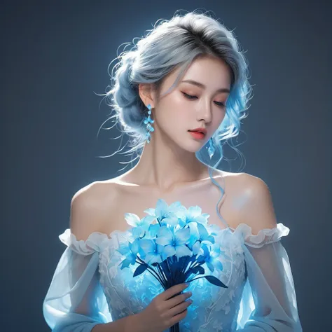 ((jewel_light element)), (Translucent luminous body_wearing a white frilly blue  silky bridesmaids dress s:1.3), (woman made of lightblue light: 1.2, Long wavy blue hairstyle with delicate features and light:1.3), (minimalism: 0.5), (Frontal close-up angle...