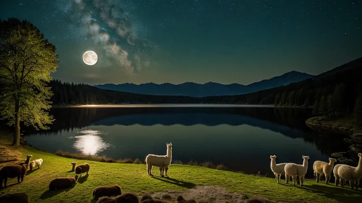 ((best quality)), ((masterpiece)), (detailed), full moon night, in the wood with a lake, alpaca sleeping, landscape

