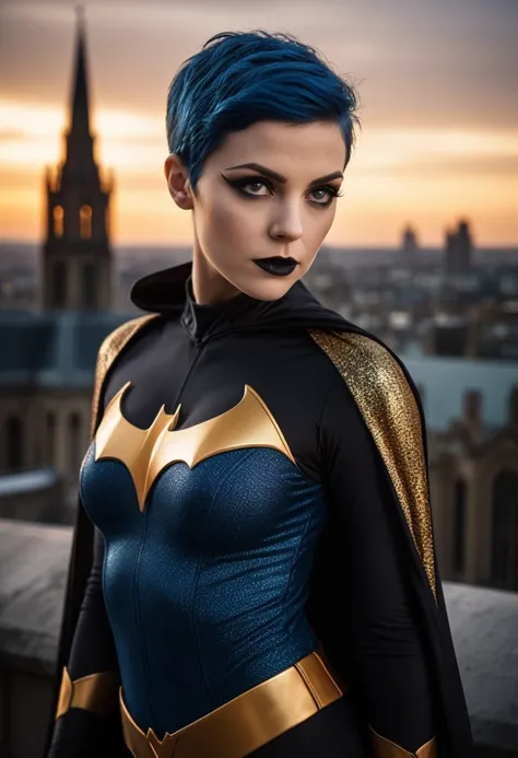 cinematic film still , night time, short blue hair, ((nubile toned superhero on a gothic cathedral roof top)), batgirl, beautiful detailed eyes, ((intense sorrow expression)), vibrant colors, skintight( black orange and gold:1.3) intricately detailed skin ...