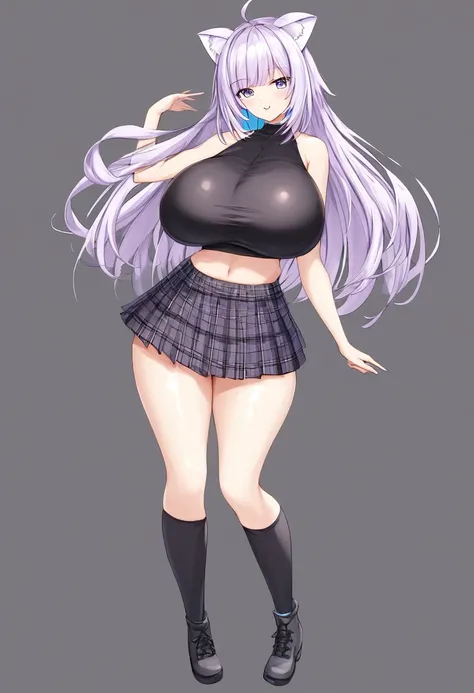 (huge breasts:1.4)(masterpiece) (high quality) (best quality) (1girl), (solo), narrow waist, (looking at viewer), tight black crop top with short sleeves, bare shoulders, black plaid skirt, kneehighs, Nekomata Okayu, full body portrait, :3, 