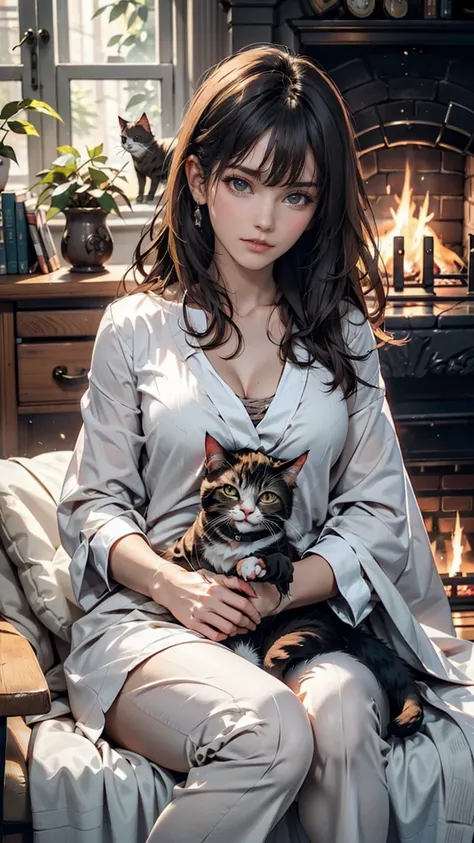 In the living room with a fire burning in the fireplace、A woman and a cat relaxing while drinking hot cocoa。She is wrapped in a blanket、The cat is sleeping on her lap for warmth