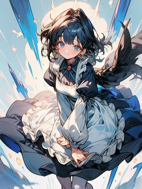 best quality, masterpiece, , ,short,average breasts, black hair, gray-blue eyes,, tavern, fantasy, white apron, long waitress outfit, long puffy sleeves, (((calm))), (happy), leaning forward, spring, from from front, hand behind, smiling,