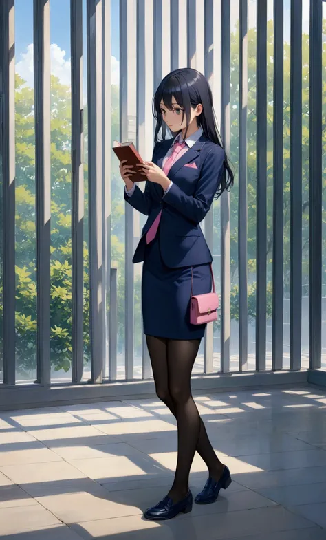 realistic anime of pretty student girl is going home, holding a smartphone, carrying bag and carrying books, front view, (black shoulder length straight hair girl), (wearing navy-blue blazer, pink shirt with navy-blue tie, navy-blue pencil skirt, black cut...