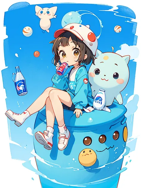 hayao miyazaki style, Kawaii Design, The most beautiful girl of all time、chibi, Cute humanoid alien、Mars exploration、drinking Pepsi Cola,