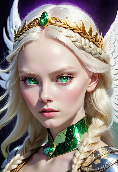 In fantastic art and with spiritual lights, realistic close-up portrait of a beautiful and beautiful albino Valkyrie warrior, snow-white skin, VERY PALE, fierce and wild face, but beautiful, 35 years old, from her body emanates an aura of strong glowing vi...