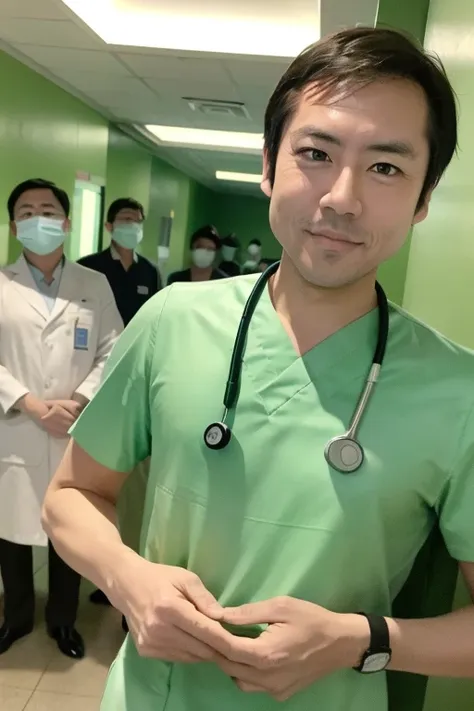 male, alone, (male性看護師), short sleeve, (medical scrub), green scrub, stylish scrubs, green costume,  photo name plate, stethosco...