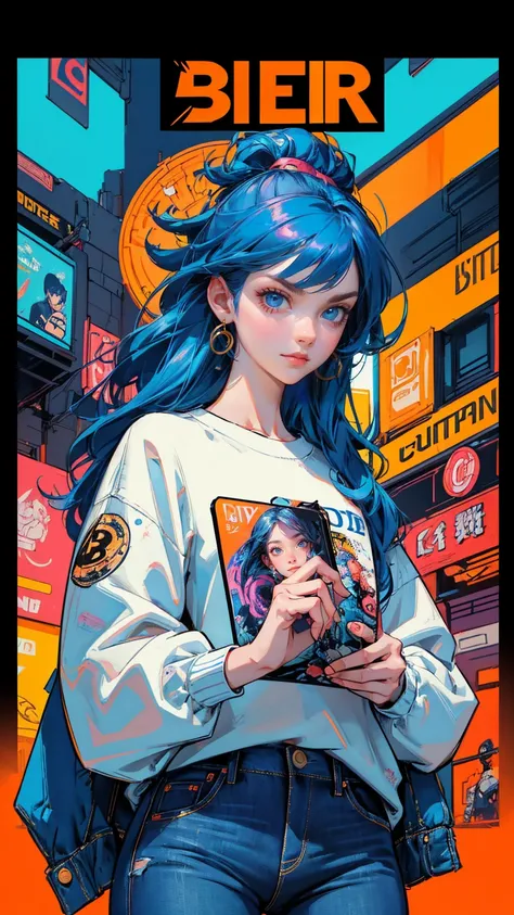 A woman with an angry face holding her phone in front of multiple trading charts, with bitcoin coins flying around and social media icons in the background, wearing blue jeans and a white shirt. The art is in the colorful cartoon style of cyberpunk and hyp...