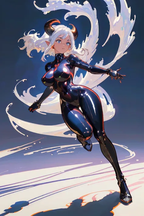 (masterpiece, best quality, ultra-detailed, best shadow), (beautiful detailed face:1.3), illustration, 1girl, solo, shiny, reflective, latex, curvy body, bodysuit, demon girl, white horns, big breast, wide hips, sexy thicc body, white hair, white horns, po...