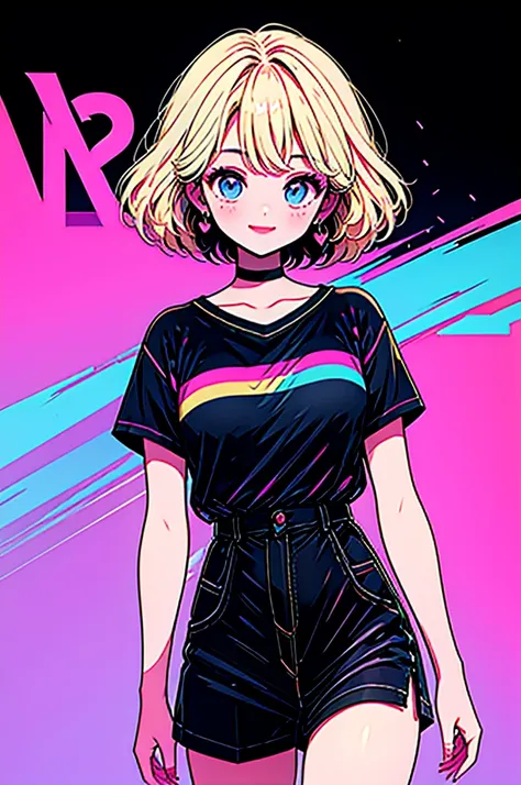 highest quality,smile,woman,woman1人,cute,short bob,blonde,light blue eyes, black t-shirt,black shorts,earrings,black choker, pin...