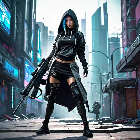 Woman with sniper rifle, cyberpunk art, neoism, cyberpunk assassin, cyberpunk girl in hoodie, female assassin, cyberpunk city, sniper girl in war, cyberpunk character design, full body shot, shooting stance