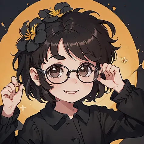 ((1 child:black clothes:1.2, short hair, slightly wavy hair:1.1, short brown hair:1.1, Glasses, Happy Look, flower on head))