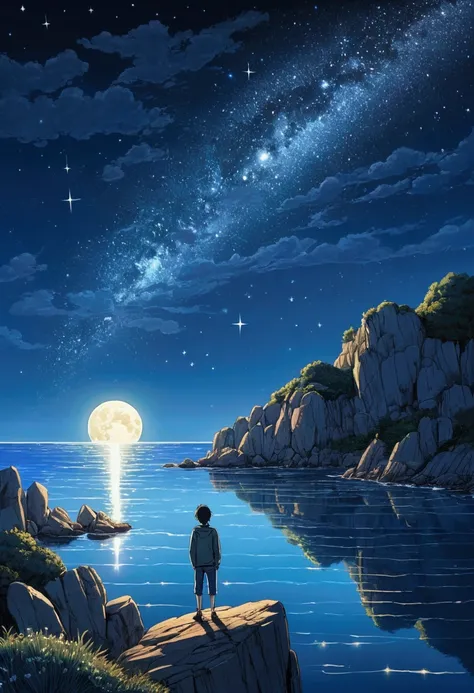 Beautiful Anime,Seaside,Starry Sky,Gaze at the stars,Small rocky area,breeze,France, Big shining star３two,night, shooting star,moonlight,Moon&#39;s Water Surface,Hand-drawn illustration