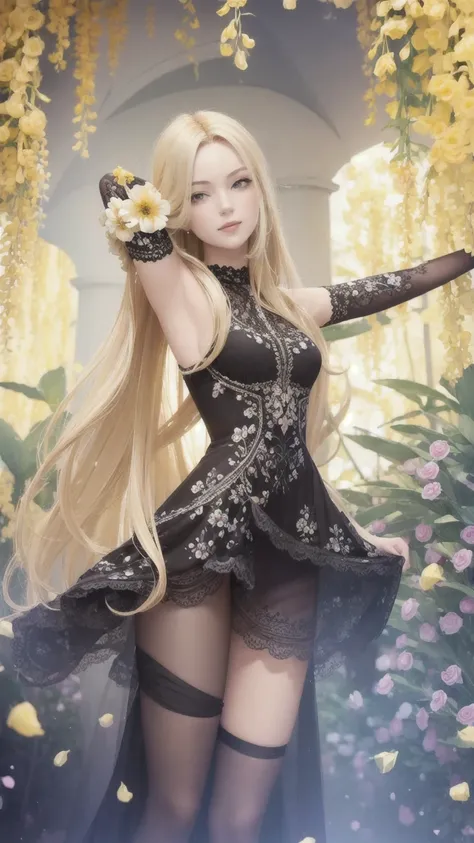 (masterpiece, best quality, ultra-detailed:1.3), 1girl, arms behind head, (smile:0.5) edgPetal, a woman wearing a black dress made of flower petals, wearing edgPetal, garden background, dimly lit BREAK (long blonde hair), mid parted hair  