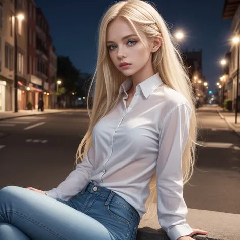 1 girl, denim, solo, white silk shirt, long sleeves, outdoors, pants, jeans, sitting, blonde hair, looking at viewer, realistic, ponytall, blue eyes, long hair, night, shirt tucked out, photo background, lips , t-shirt