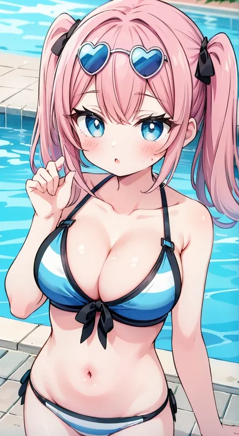 masterpiece, Highest quality, (anime screencap:1.3),(shape), cute,(Simple:1), (anime:1.2),Solo Sharp Focus, 1 girl, Cleavage,shaved ice,Overnight pool,Are standing,,(Browsing Caution:1.2),Colorful Bikinis,Pastel Bikini,Beautiful Hair,Horizontal stripes,hea...