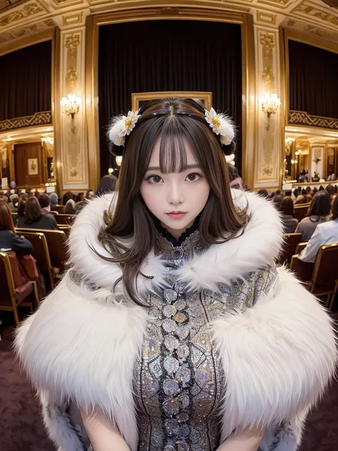 fluffy。fluffyの毛皮。Luxurious bee patterned fur。Woman in luxurious dress。Fur Cape。Four women。Watching the audience。Fairytale room。Fluffy carpet。Fisheye Lens