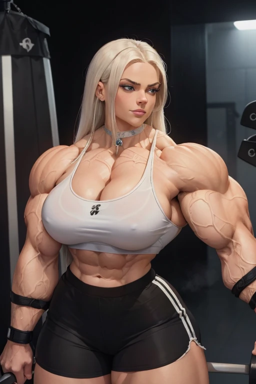 ((Close-up)), tall, (White hair) beautiful muscular woman, long straight hair, light brown skinned, closed smile, ((massive muscles)), (hyper muscle), (ginormous bulky muscles), blue eyes, (black sports bra), (black dolphin shorts), choker, sneakers, (flex...