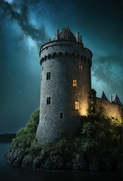 an island in the center at the edges a dark forest in the center a castle in the dark fantasy style, night, stars, everything is...