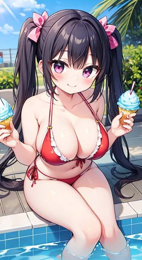 Eat a big shaved ice 1.1,Highest quality,Girls in bikinis,Twin tails,Large Breasts,Poolside,smile,