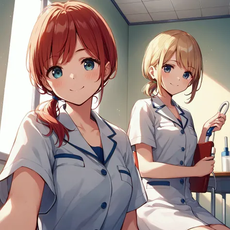 score_9,score_8_up,score_7_up,source_anime,examination room,day,2girls,japanese,one is teenager,nurse,standing,holding files,low ponytail,short hair,smile,mouth closed,cinematic lighting,looking at viewer, dynamic angle, BREAK other girl is middle aged wom...