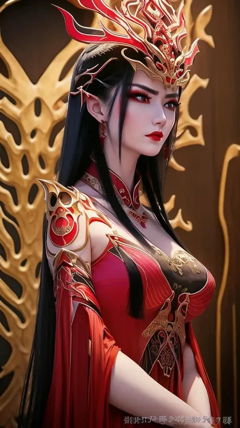 1 very beautiful medusa queen in hanfu, thin red silk shirt with many motifs,black lace top,crown on her head,long hair dyed bla...