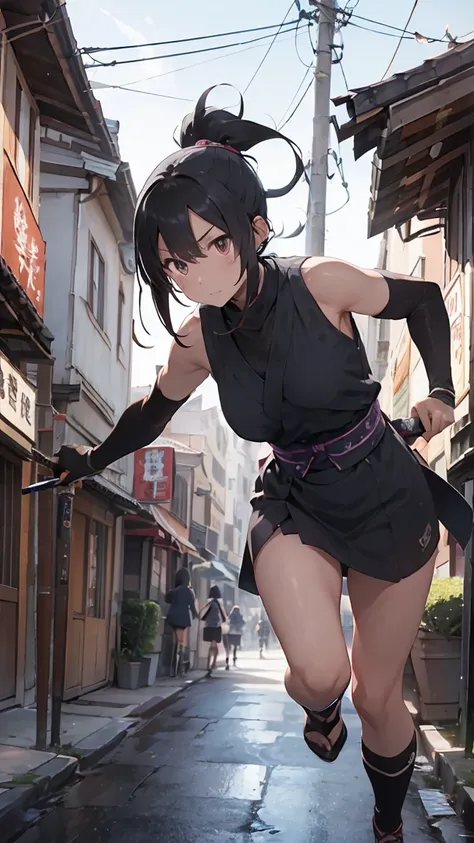 ninja girl, black hair, ponytail, holding a short sword, running forward, ninja outfit, ninja costume, sleeveless, anime, drop s...