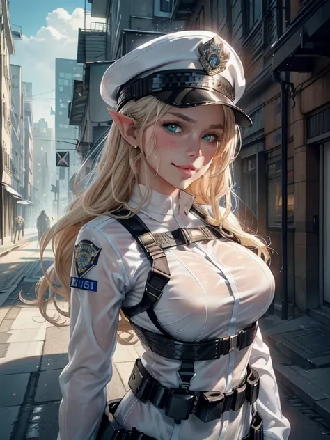 masterpiece, Highest quality, Highly detailed CG Unity 8K wallpapers,((whole body)), ((Future City)), (Long pointy ears), (Elegant long wavy platinum blonde hair), (A toned and slender body), ((Self-illuminating skin)), (((Black police uniform on white: 1....