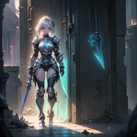 Design a layout showcase Gaming character, (1girl). Black+Silver armor, sleek and high tech, ((showcase weapon:1.4)), laser gun, (masterpiece:1.2), (best quality), 4k, ultra-detailed, (Step by step design, layout art:1.5), (neon lighting, cyber ambiance), ...